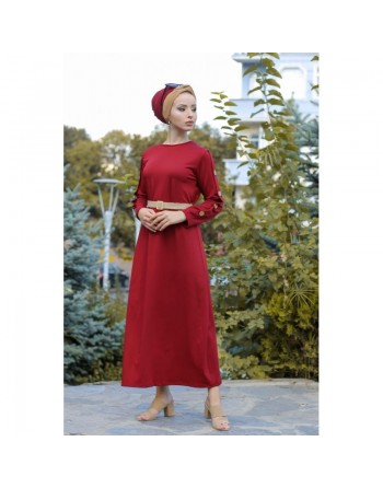 Robe longue de ville sobre décoration boutons pour femme - Couleur framboise 