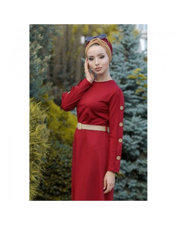 Robe longue de ville sobre décoration boutons pour femme - Couleur framboise 