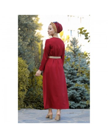 Robe longue de ville sobre décoration boutons pour femme - Couleur framboise 