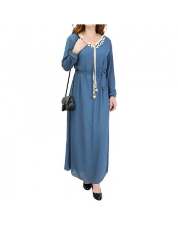 Robe maxi-longue fluide avec cordons à pompons pour femme - Couleur Bleu acier 