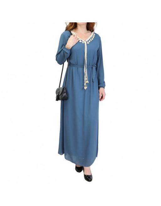 Robe maxi-longue fluide avec cordons à pompons pour femme - Couleur Bleu acier Robe maxi-longue fluide avec cordons à pompons pour femme - Couleur Bleu acier