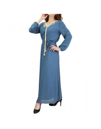 Robe maxi-longue fluide avec cordons à pompons pour femme - Couleur Bleu acier 