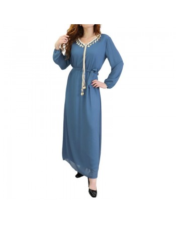 Robe maxi-longue fluide avec cordons à pompons pour femme - Couleur Bleu acier 