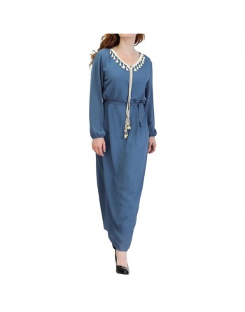 Robe maxi-longue fluide avec cordons à pompons pour femme - Couleur Bleu acier 