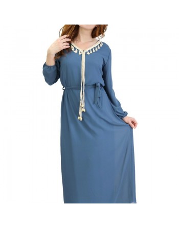 Robe maxi-longue fluide avec cordons à pompons pour femme - Couleur Bleu acier 