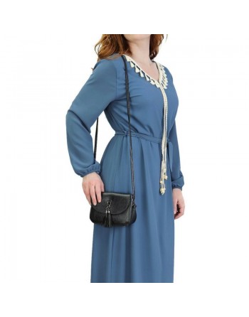 Robe maxi-longue fluide avec cordons à pompons pour femme - Couleur Bleu acier 