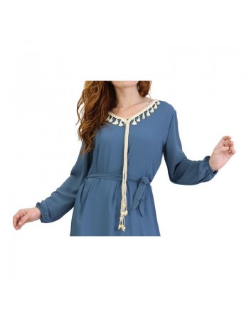 Robe maxi-longue fluide avec cordons à pompons pour femme - Couleur Bleu acier 