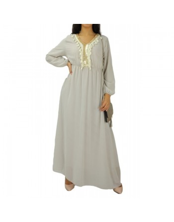 Robe longue fluide avec décorations dorées et pompons pour femme (Plusieurs couleurs disponibles) 