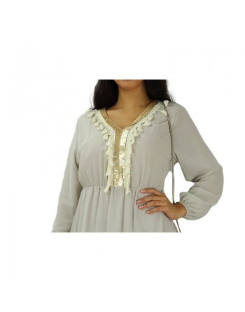 Robe longue fluide avec décorations dorées et pompons pour femme (Plusieurs couleurs disponibles) 
