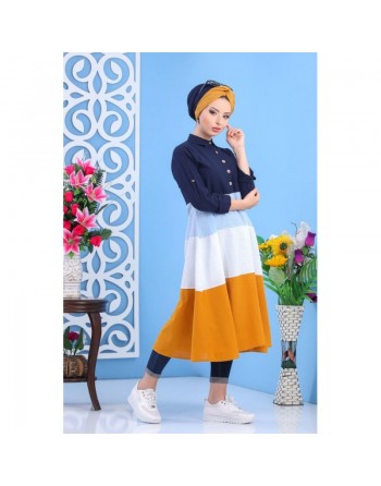 Robe mi-longue coupe évasée de couleur bleu marine, bleu ciel, blanc et moutarde (100% coton) pour femme 