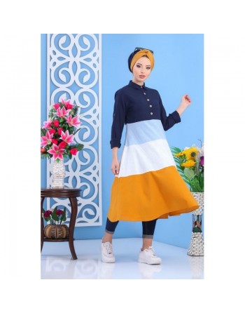 Robe mi-longue coupe évasée de couleur bleu marine, bleu ciel, blanc et moutarde (100% coton) pour femme 