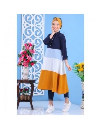 Robe mi-longue coupe évasée de couleur bleu marine, bleu ciel, blanc et moutarde (100% coton) pour femme 