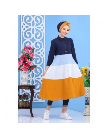 Robe mi-longue coupe évasée de couleur bleu marine, bleu ciel, blanc et moutarde (100% coton) pour femme 