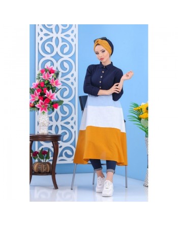 Robe mi-longue coupe évasée de couleur bleu marine, bleu ciel, blanc et moutarde (100% coton) pour femme 