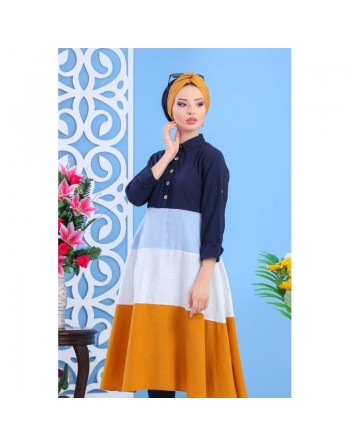 Robe mi-longue coupe évasée de couleur bleu marine, bleu ciel, blanc et moutarde (100% coton) pour femme 