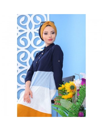 Robe mi-longue coupe évasée de couleur bleu marine, bleu ciel, blanc et moutarde (100% coton) pour femme 