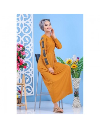 Robe longue avec strass sur les manches style décontracté et chic pour femme - Couleur jaune moutarde 