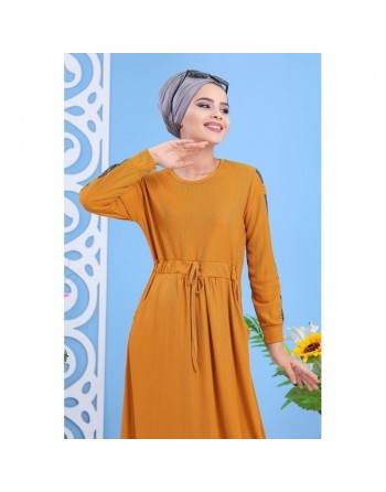Robe longue avec strass sur les manches style décontracté et chic pour femme - Couleur jaune moutarde 