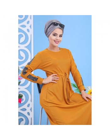 Robe longue avec strass sur les manches style décontracté et chic pour femme - Couleur jaune moutarde 