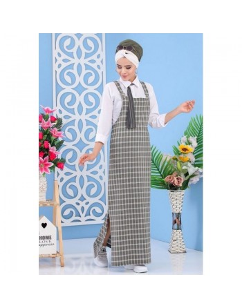 Robe salopette à carreaux pour femme - Couleur kaki 