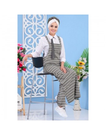 Robe salopette à carreaux pour femme - Couleur kaki 