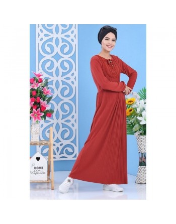 Robe longue plissée avec broderies pour femme - Couleur orange brique 