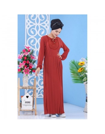 Robe longue plissée avec broderies pour femme - Couleur orange brique 