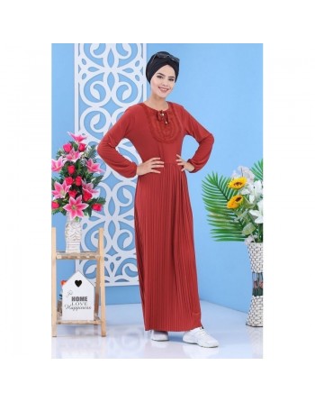 Robe longue plissée avec broderies pour femme - Couleur orange brique 