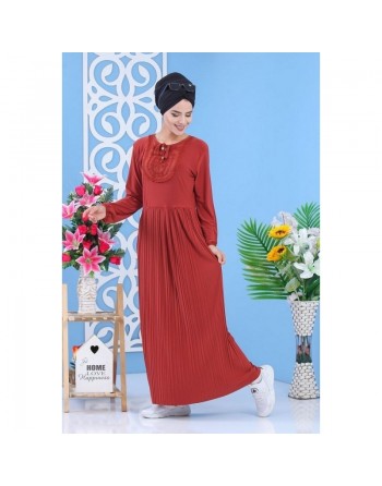 Robe longue plissée avec broderies pour femme - Couleur orange brique 