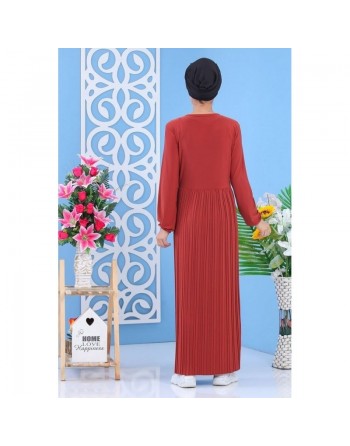 Robe longue plissée avec broderies pour femme - Couleur orange brique 