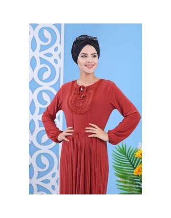Robe longue plissée avec broderies pour femme - Couleur orange brique 