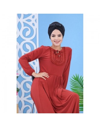 Robe longue plissée avec broderies pour femme - Couleur orange brique 