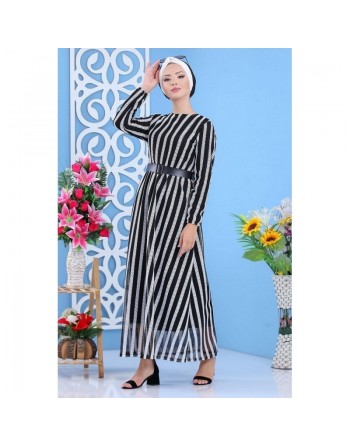 Robe longue à rayures avec ceinture pour femme - Couleur blanche et noire 