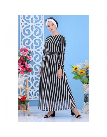 Robe longue à rayures avec ceinture pour femme - Couleur blanche et noire 