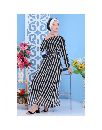 Robe longue à rayures avec ceinture pour femme - Couleur blanche et noire 