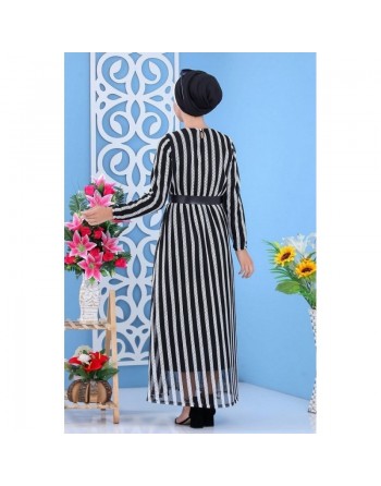 Robe longue à rayures avec ceinture pour femme - Couleur blanche et noire 