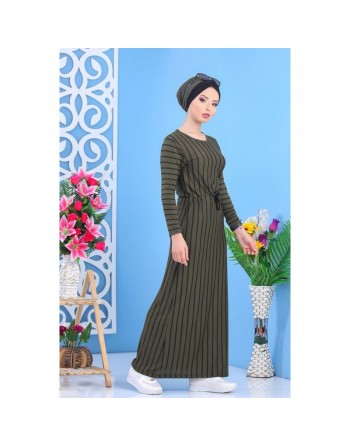 Robe décontractée kaki à rayures noires pour femme (grande taille) 