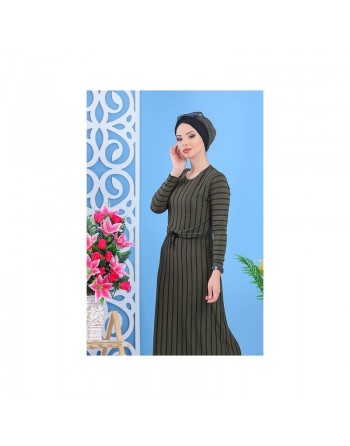 Robe décontractée kaki à rayures noires pour femme (grande taille) 