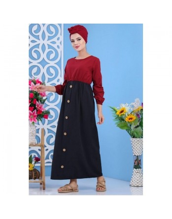 Robe longue bi-colore à boutons pour femme - Couleur grenat 