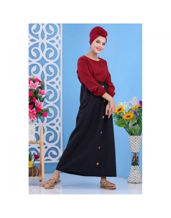 Robe longue bi-colore à boutons pour femme - Couleur grenat 