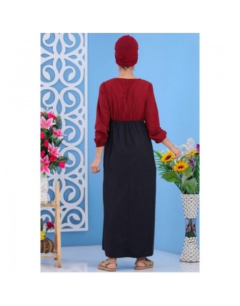 Robe longue bi-colore à boutons pour femme - Couleur grenat 