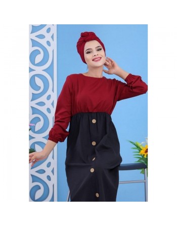 Robe longue bi-colore à boutons pour femme - Couleur grenat 