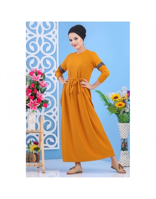 Robe longue décontractée chic à strass pour femme - Couleur jaune moutarde Robe longue décontractée chic à strass pour femme - Couleur jaune moutarde
