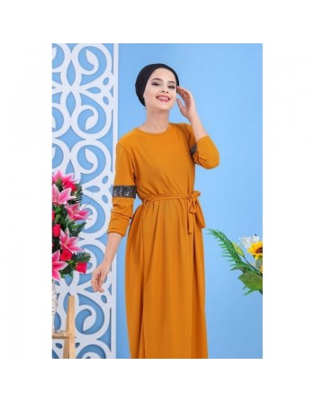 Robe longue décontractée chic à strass pour femme - Couleur jaune moutarde 