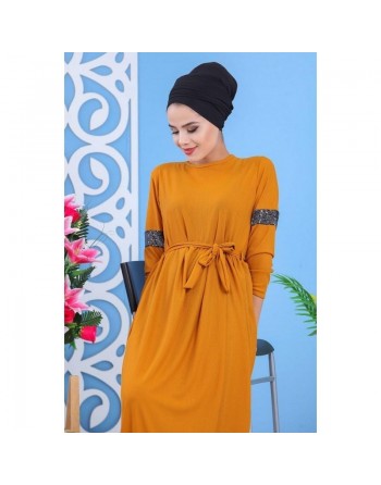 Robe longue décontractée chic à strass pour femme - Couleur jaune moutarde 