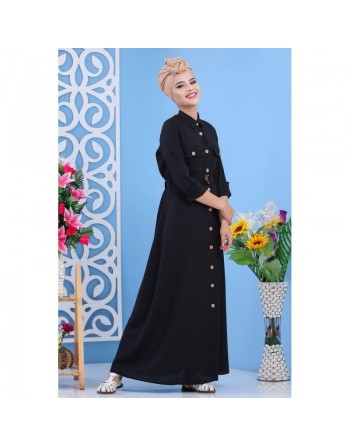 Robe longue boutonnée avec ceinture et poches - Couleur noire (Vêtement mastour pour femme - Boutique en ligne) 