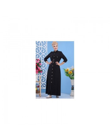 Robe longue boutonnée avec ceinture et poches - Couleur noire (Vêtement mastour pour femme - Boutique en ligne) 