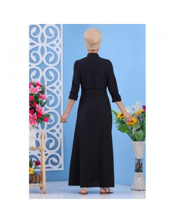 Robe longue boutonnée avec ceinture et poches - Couleur noire (Vêtement mastour pour femme - Boutique en ligne) 