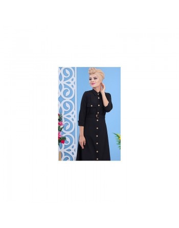 Robe longue boutonnée avec ceinture et poches - Couleur noire (Vêtement mastour pour femme - Boutique en ligne) 