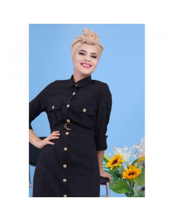 Robe longue boutonnée avec ceinture et poches - Couleur noire (Vêtement mastour pour femme - Boutique en ligne) 